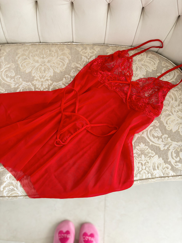 ست دو تکه لباس خواب تور رنگ قرمز